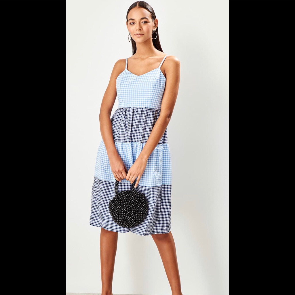 Trendyol Blue Checkered Dress Sz Medium Nwt